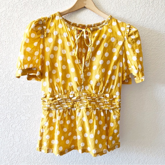 Tory Burch Tops - Tory Burch Mustard Yellow Fitted waist cotton V neck polka dot blouse size 0
